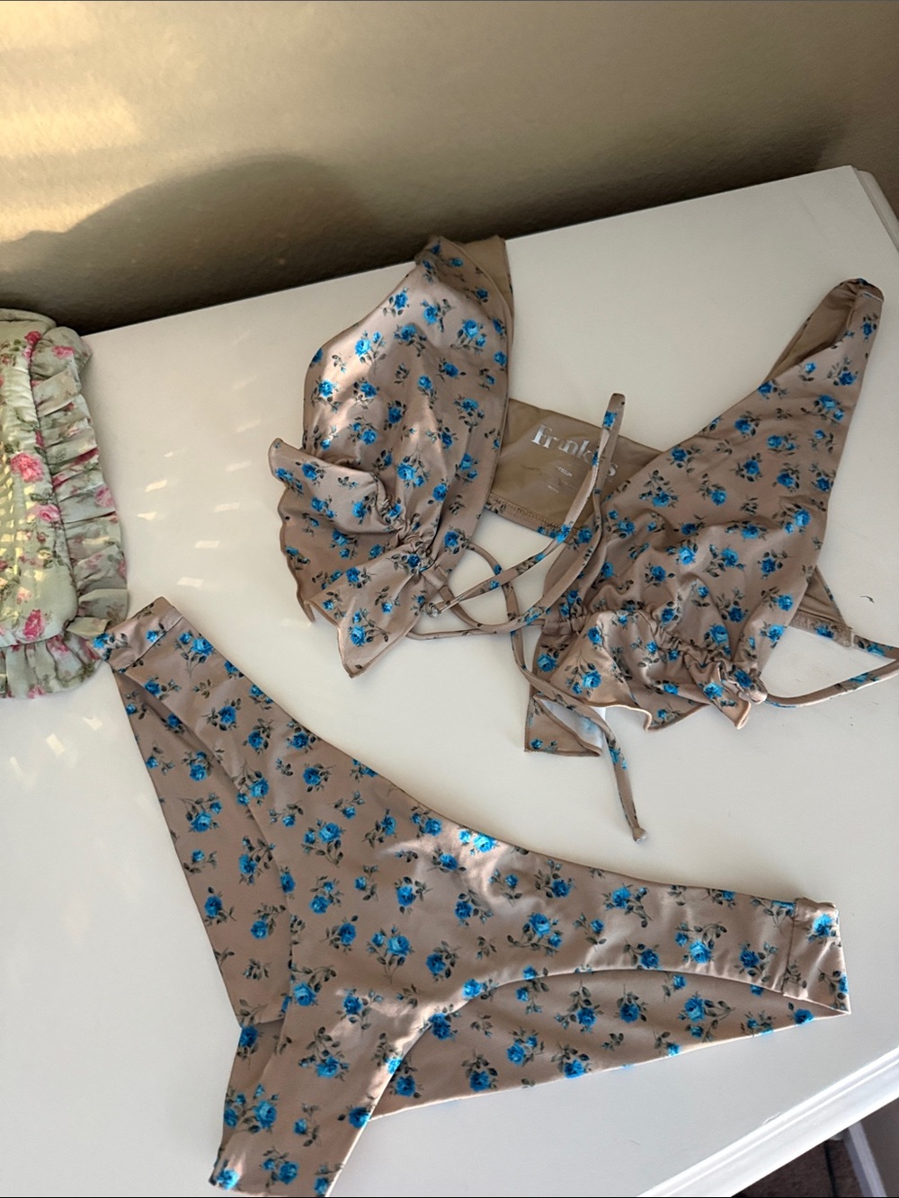 Frankie's Bikinis Taupe Bikini Set with Blue Floral Print